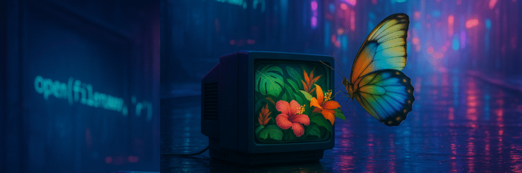 ai-generated image of a butterfly breaking the fourth wall and sitting on a flower image within a CRT scren